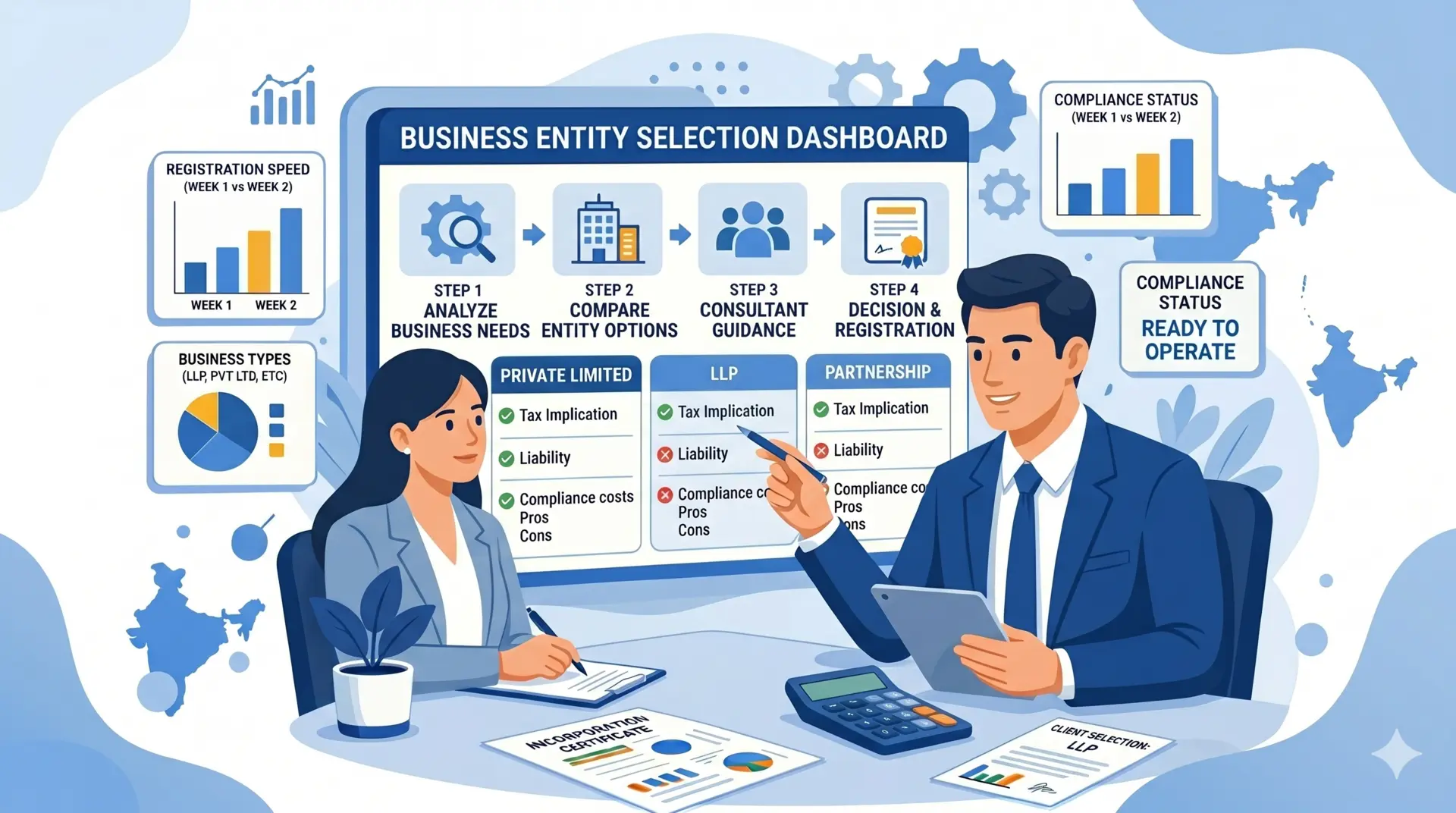 A professional business consultant in a blue suit pointing to a "Business Entity Selection Dashboard" on a large digital screen while assisting a female client seated at a desk with a laptop and calculator.