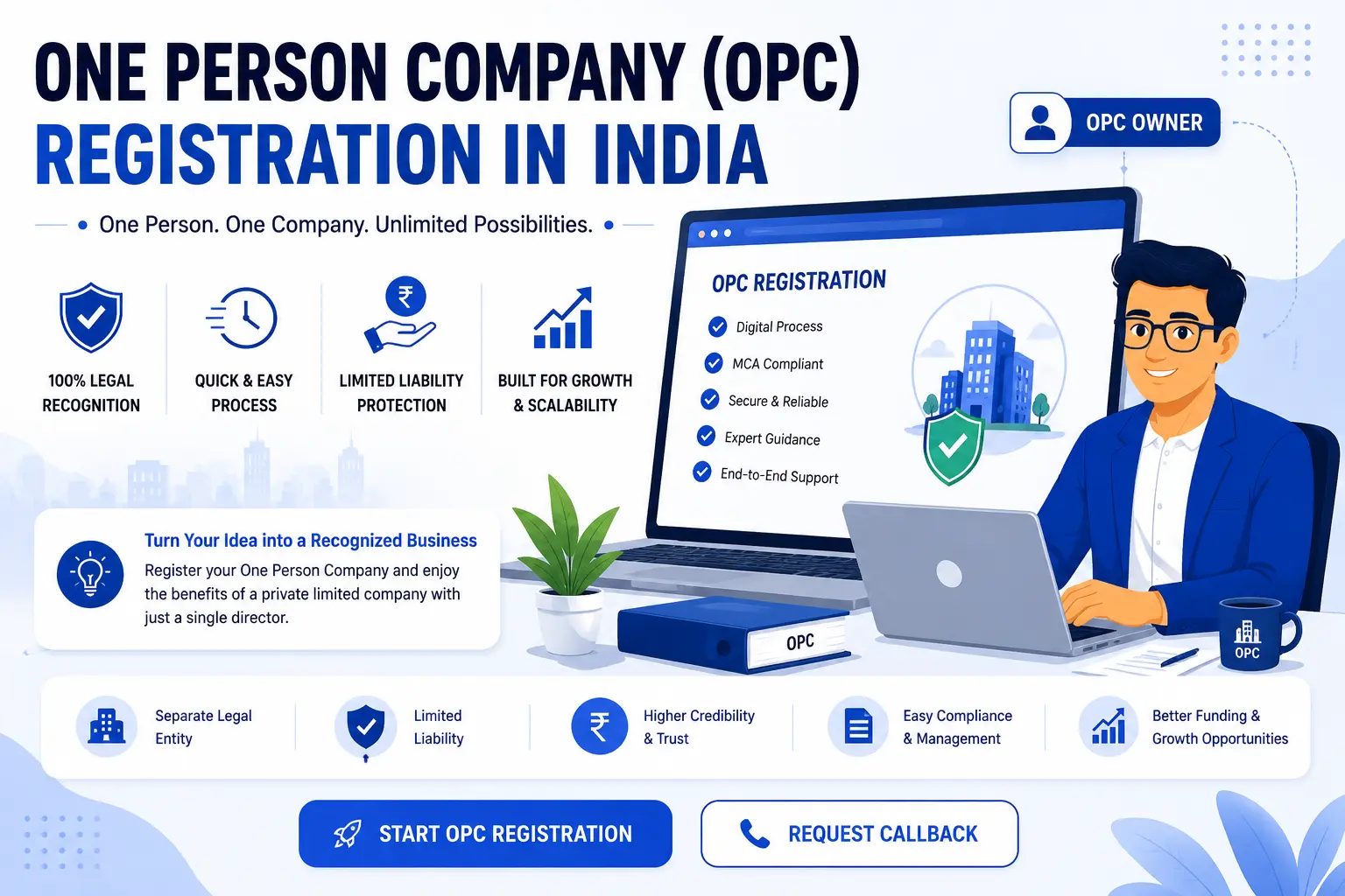 One Person Company registration in India illustration showing startup founder building a legally compliant business.