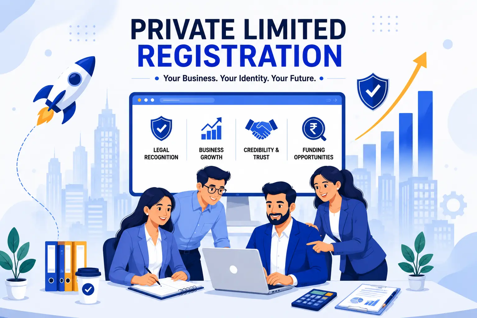 Private Limited Registration illustration showing corporate professionals discussing business incorporation, legal compliance, startup growth, and company registration in India.