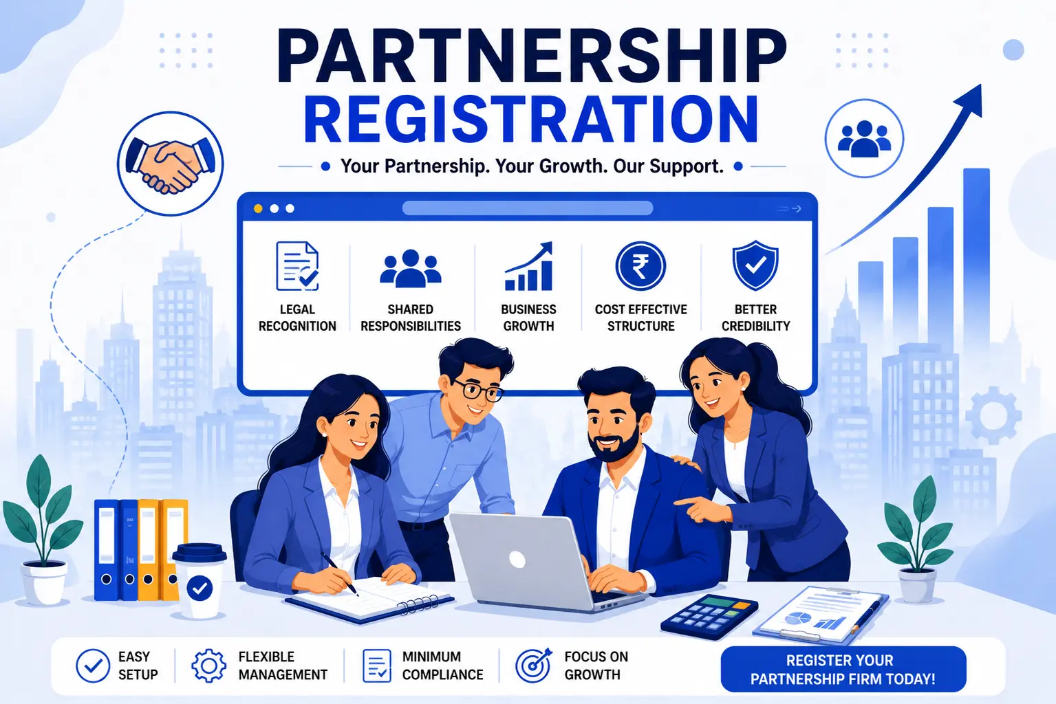 Partnership Firm Registration in India illustration showing business partners, legal registration benefits, compliance support, and business growth opportunities.