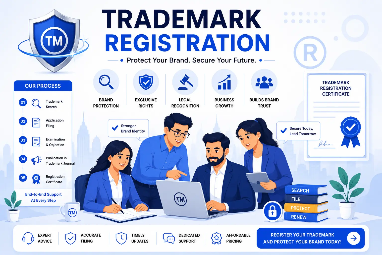 Trademark Registration in India illustration showing brand protection, trademark filing process, legal registration, and business growth support by Taxced.