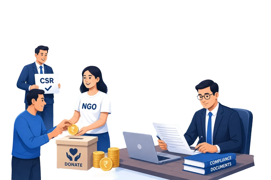 80G Registration in India illustration showing NGO donation, donor tax benefits, compliance, fundraising, and legal registration support.