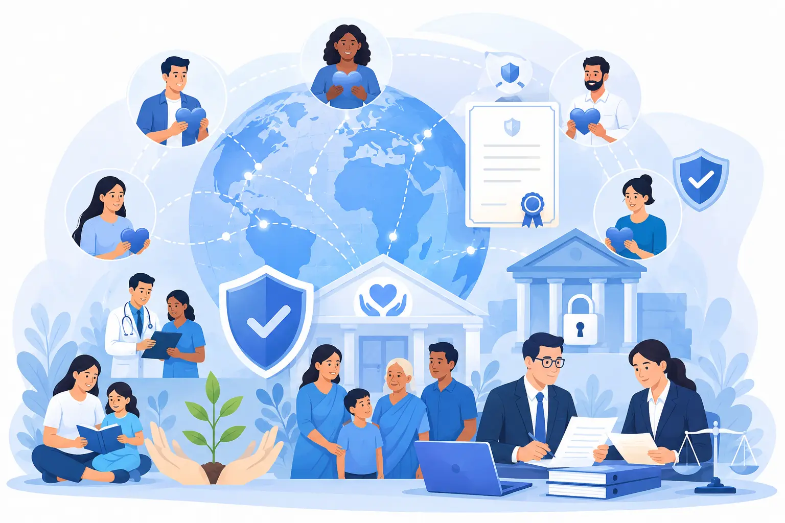 FCRA Registration in India illustration showing NGO receiving international support, foreign donations, legal compliance, and global fundraising.