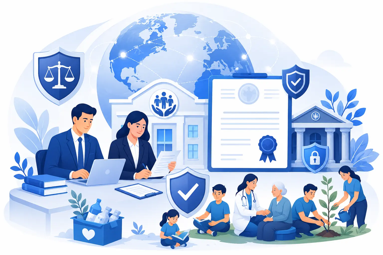 NGO Registration in India illustration showing legal professionals, government approval certificate, compliance documents, community welfare initiatives, and trust-based NGO registration process.