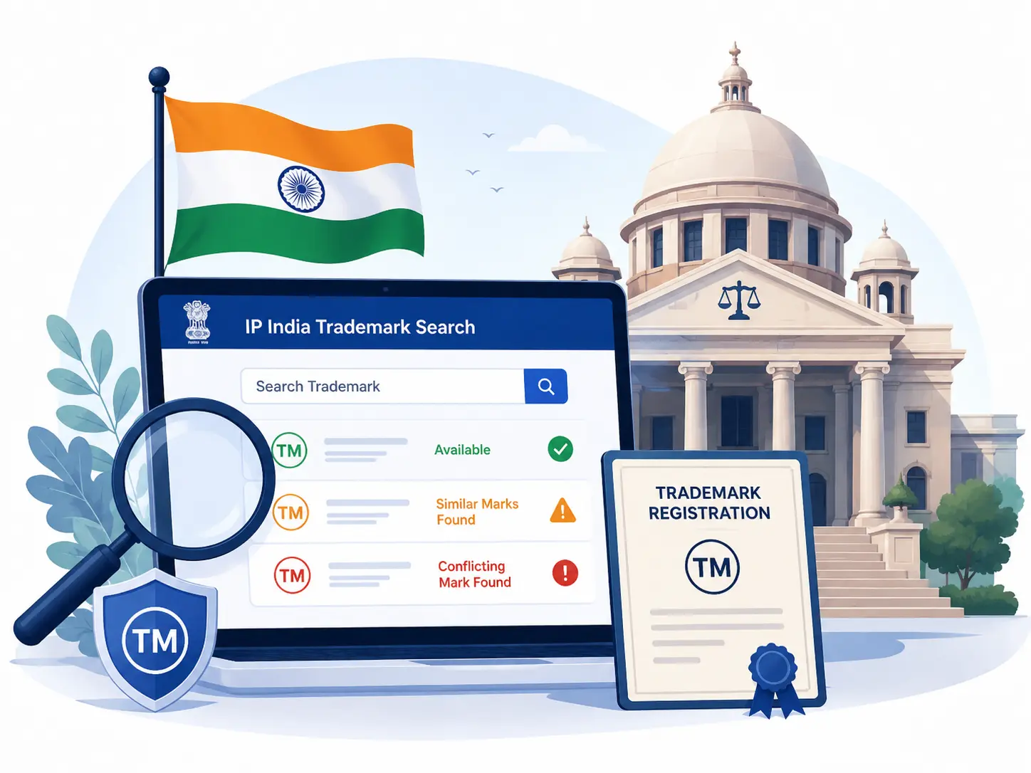 Illustration of the official IP India trademark search portal with the Indian flag, government building, trademark certificate, magnifying glass, and brand availability search concept.