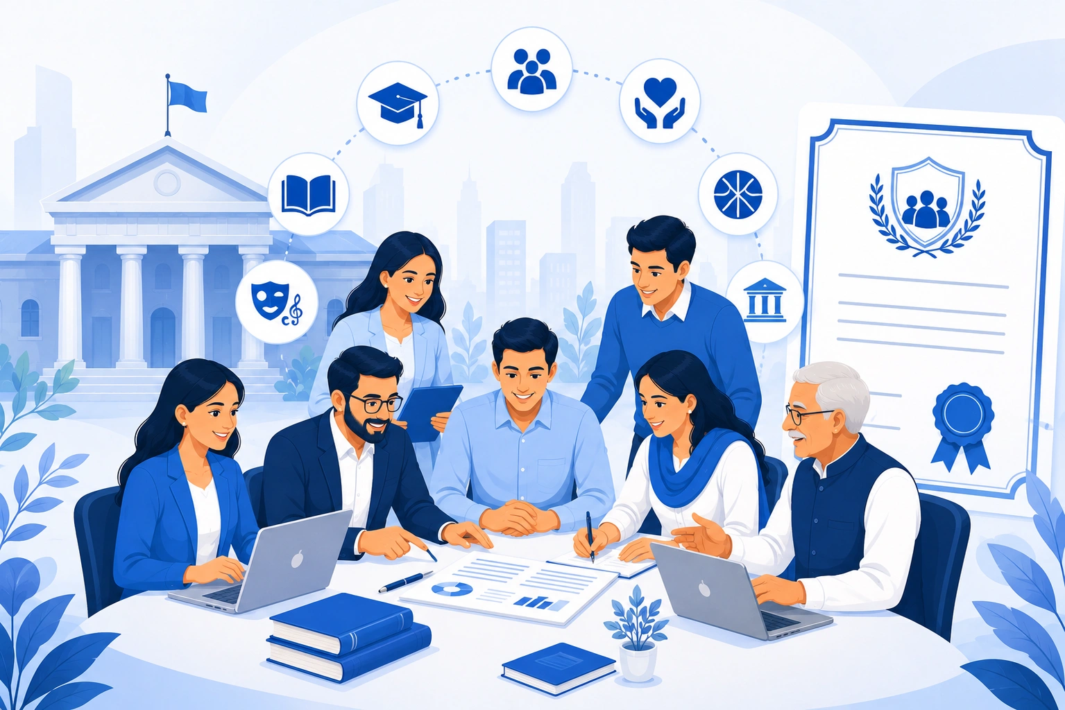 Professional illustration of Society Registration in India showing community members, legal documentation, governance, education, charity, and registration support.