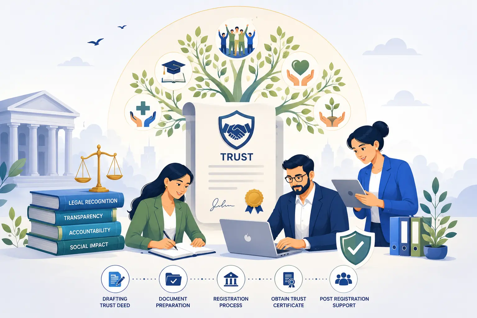 Professional illustration of Trust Registration in India showing trustees, legal documentation, charitable trust formation, and compliance support.